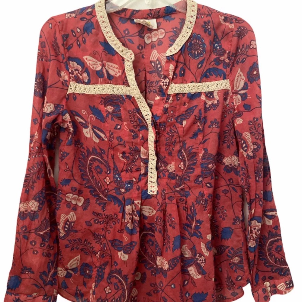 Maeve Blouse Women’s Size 6 Pintuck Peplum Crochet Neckline Boho Butterfly